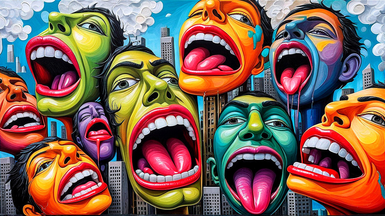 Vibrant Collage of Oversized Heads and Cityscape