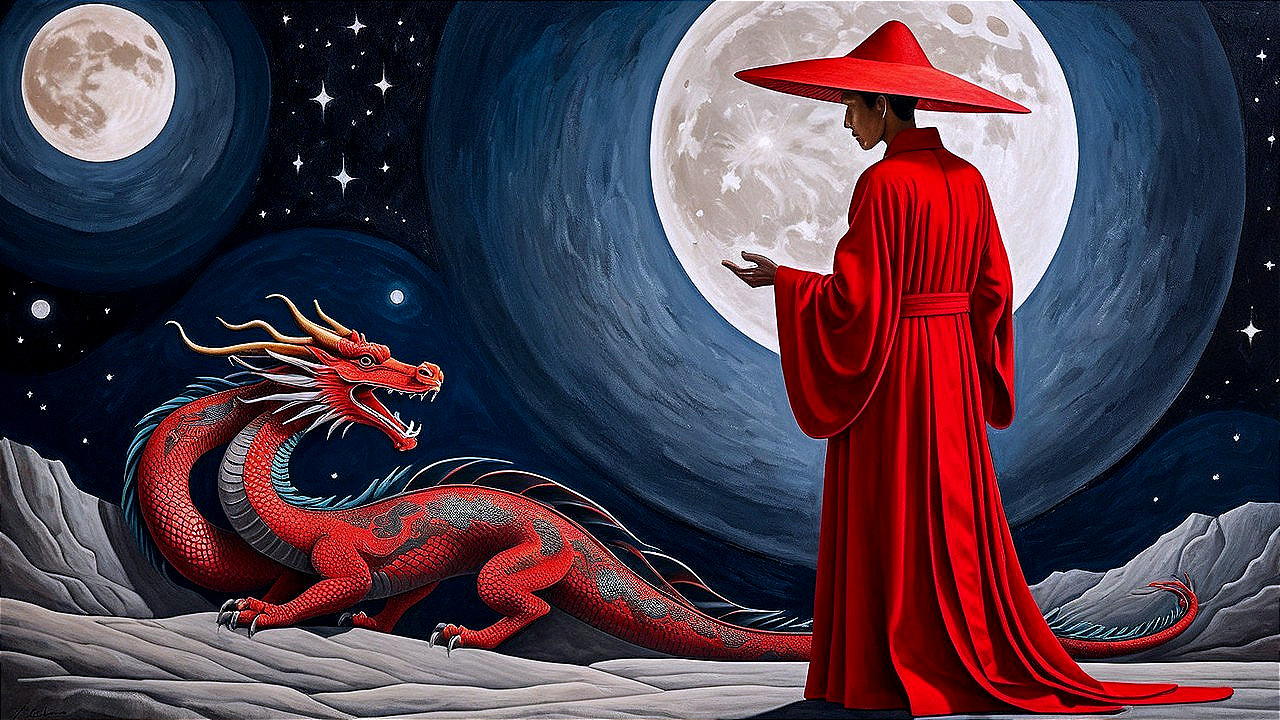 Cloaked Figure and Dragon in Mystical Night Landscape