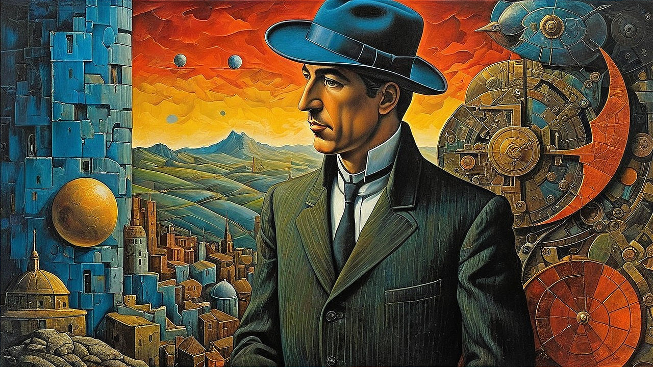 Surreal Landscape with Man in Dark Suit and Futuristic City