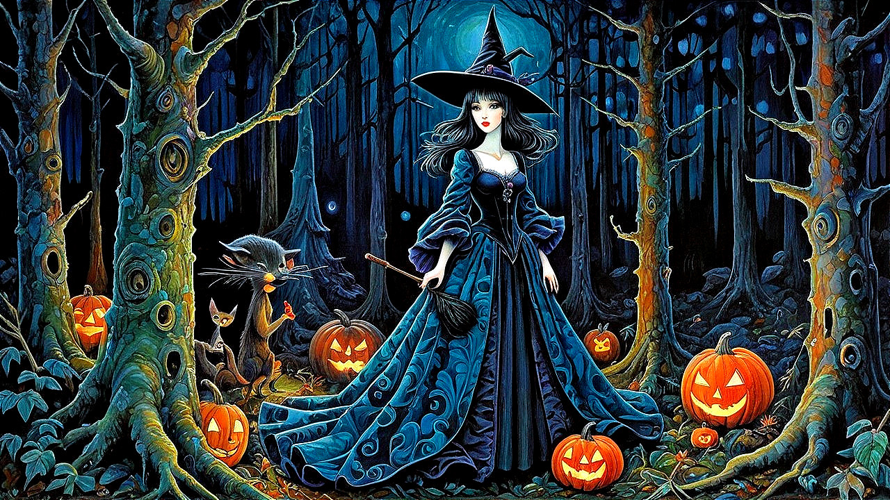 Vibrant Art Nouveau Witch in Enchanted Forest Scene