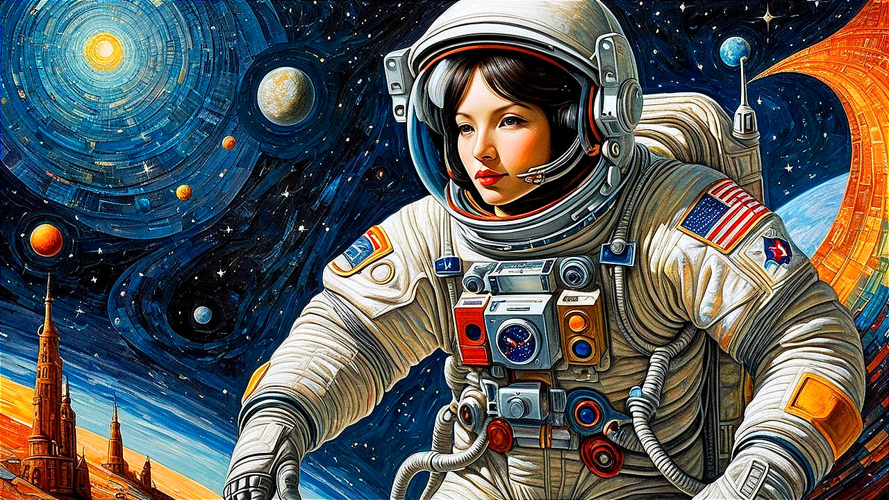 Female Astronaut in Space Suit Amidst Cosmic Scene