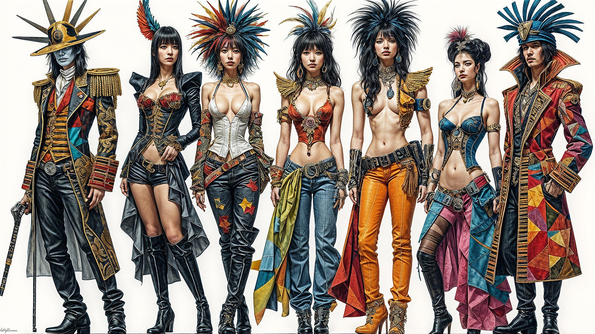 Seven Characters in Stylized Full-Body Shot on White Background