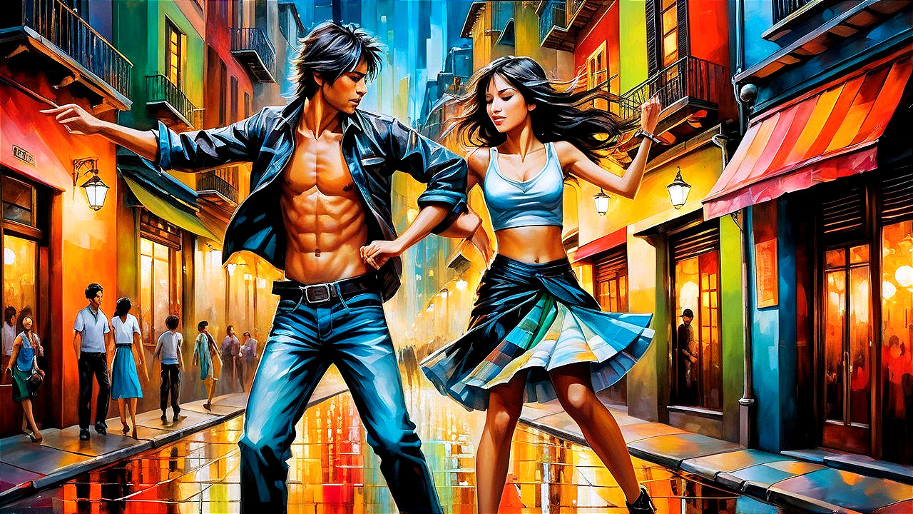 Vibrant Street Scene with Dancing Couple and Urban Lights