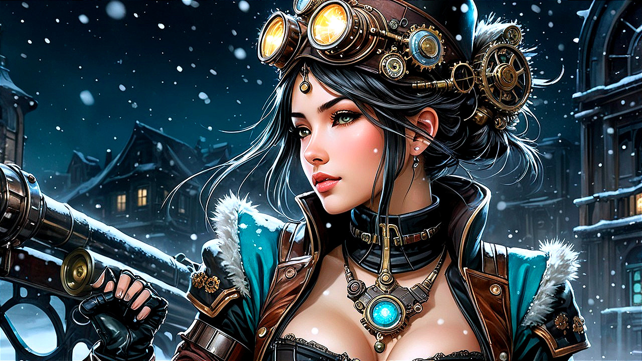 Young Woman in Steampunk Outfit on Snowy Street