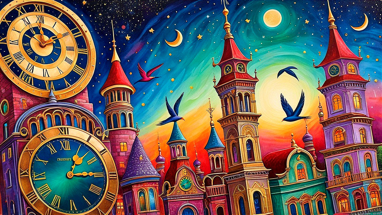 Whimsical Cityscape with Colorful Towers and Moonlight