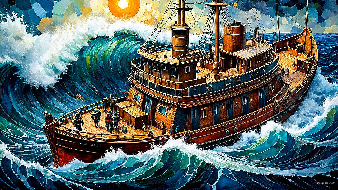 Old cargo ship in rough ocean with bright sunlight