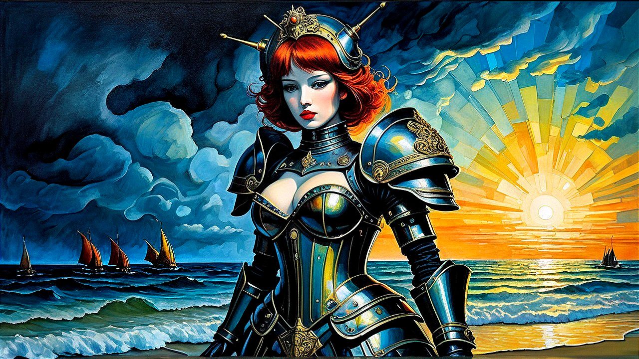 Warrior Woman in Blue and Gold Armor at Sunset