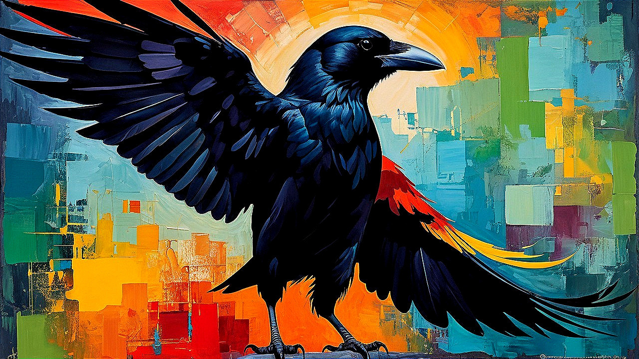 Vibrant Impasto Oil Painting of Black Crow and Skyline