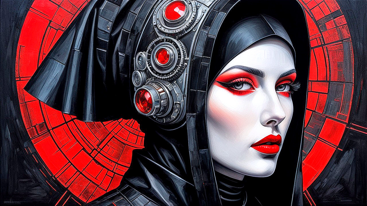 Futuristic Female Figure with Bold Makeup and Headdress