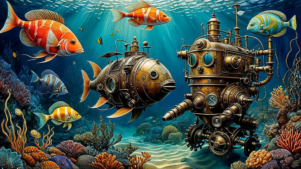 Steampunk Submersible and Diving Suit in Underwater Scene