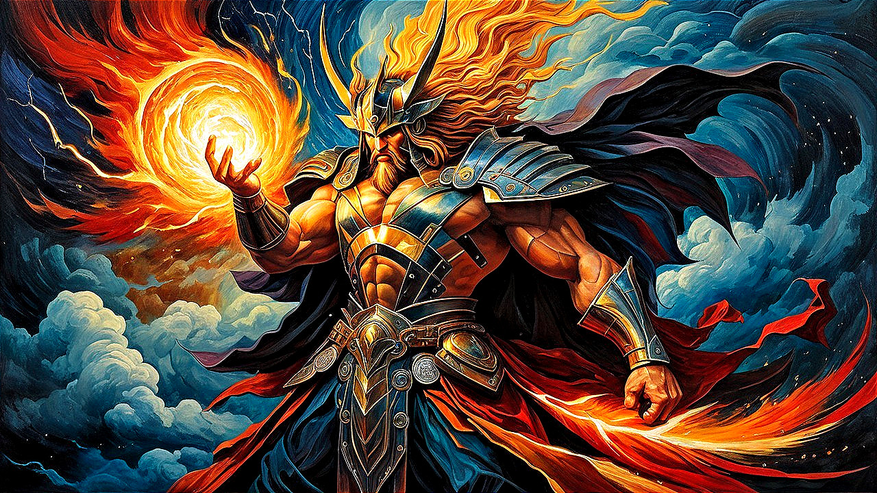 Muscular Man in Elaborate Armor with Fiery Sphere