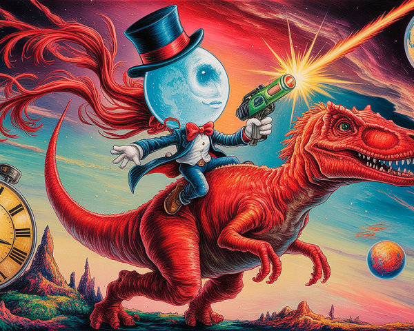 Whimsical Moon-Faced Character Riding a Dinosaur