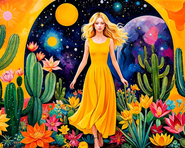 Surreal Desert Landscape with Cacti and Dual Skies