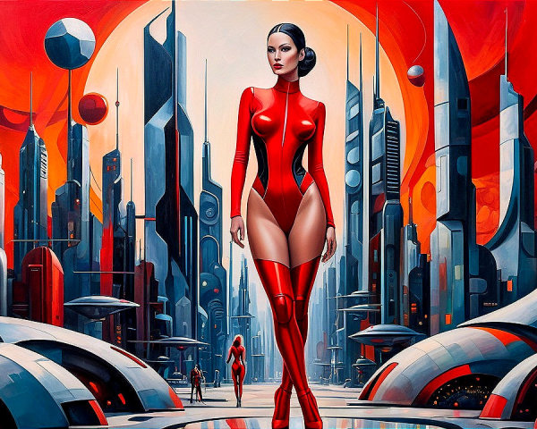 Futuristic cityscape with confident woman in red catsuit