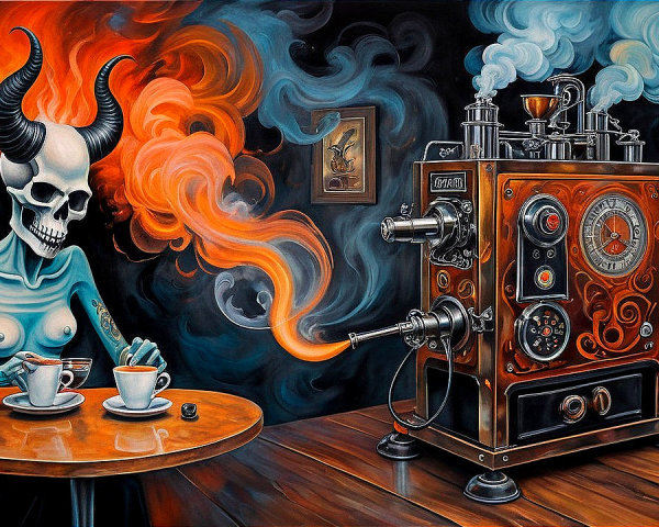 Surreal Scene of a Skeletal Figure Enjoying Coffee