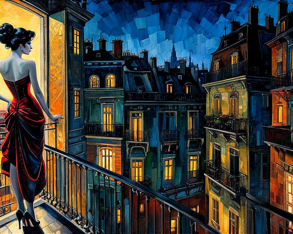 Elegant Woman in Red and Black Gown on Balcony at Night