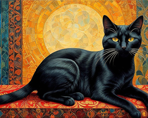 Black Cat on Brocade with Mosaic Background Design