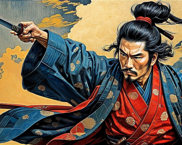 Fierce Samurai in Blue and Red Kimono with Katana