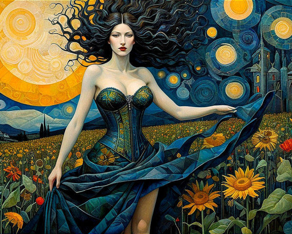 Woman in Teal Corset Surrounded by Sunflowers Painting
