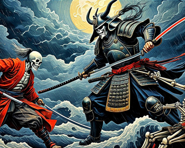 Samurai vs. Skeletal Warrior in Stormy Battle Scene