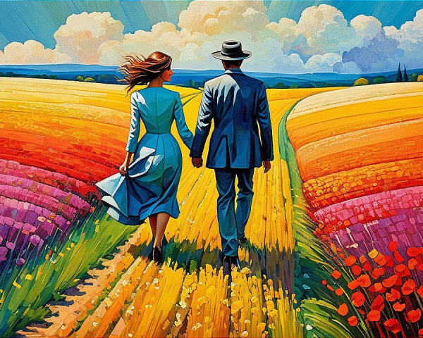 Couple Walking in a Colorful Flower Field Painting