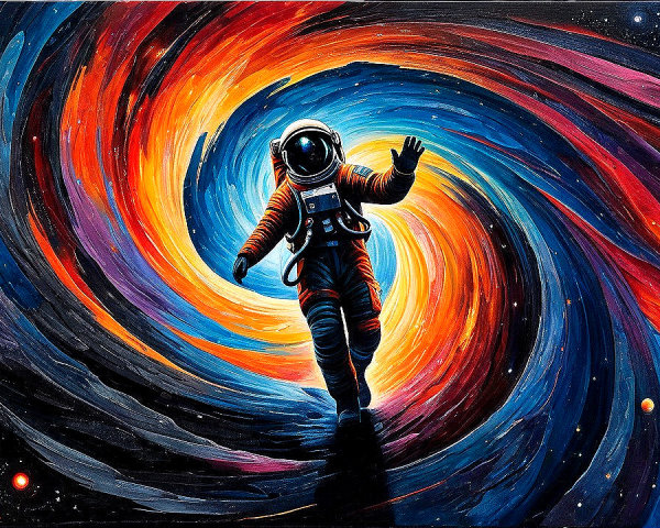 Astronaut in a Colorful Galaxy with Cosmic Portal