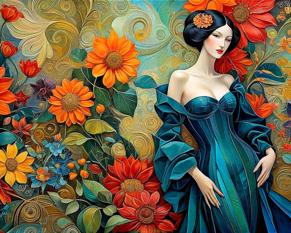 Elegant Woman in Blue Dress Surrounded by Vibrant Flowers