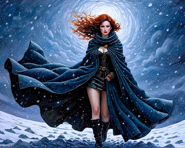 Mystical Figure in Snowy Landscape with Dark Cloak