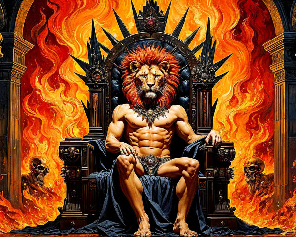Lion-Headed King on Gothic Throne in Fiery Inferno