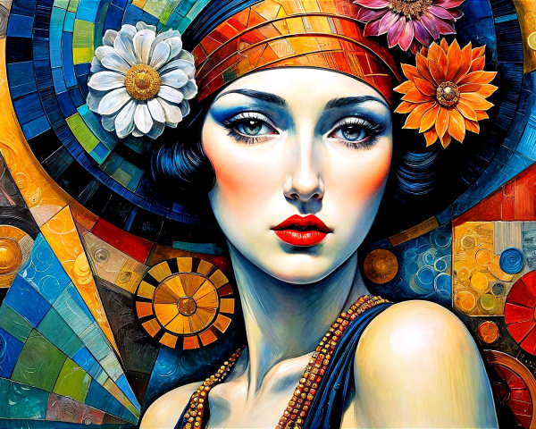 Portrait of a woman with red lips and geometric colors