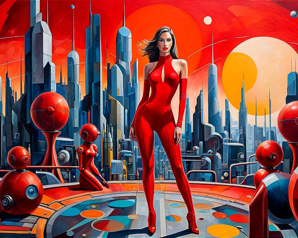 Futuristic woman in red catsuit in sci-fi city setting