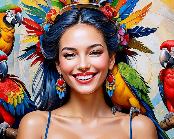 Vibrant portrait of a woman with tropical macaws