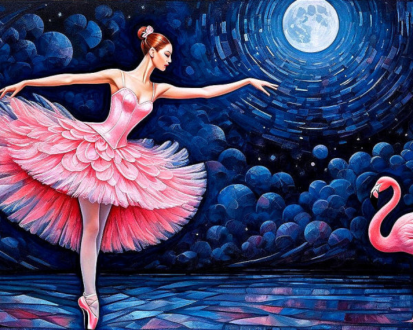 Ballerina in Pink Tutu Dancing Under Full Moon