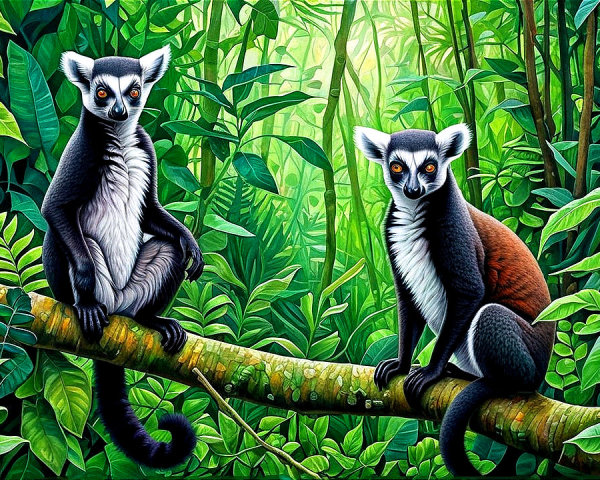 Playful Lemurs in a Lush Jungle Setting