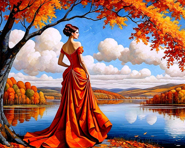 Serene Landscape with Woman in Red Dress by Lake