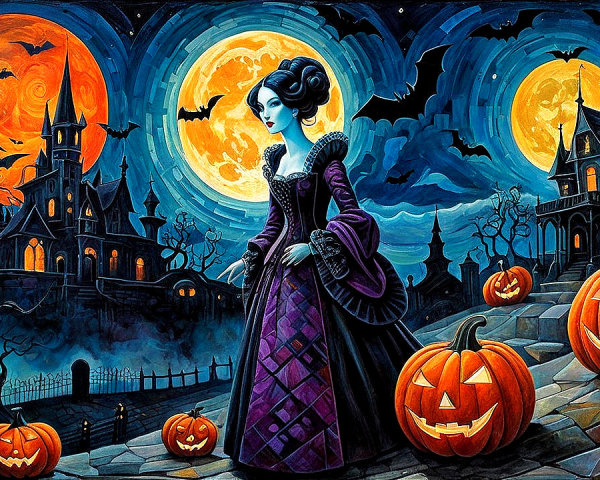 Mysterious Figure in Purple Gown on Halloween Night