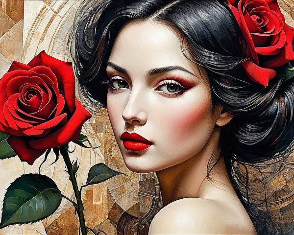 Portrait of a Woman with Black Hair and Red Roses
