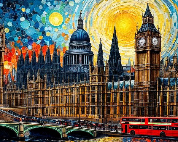 Colorful depiction of London's skyline with Big Ben