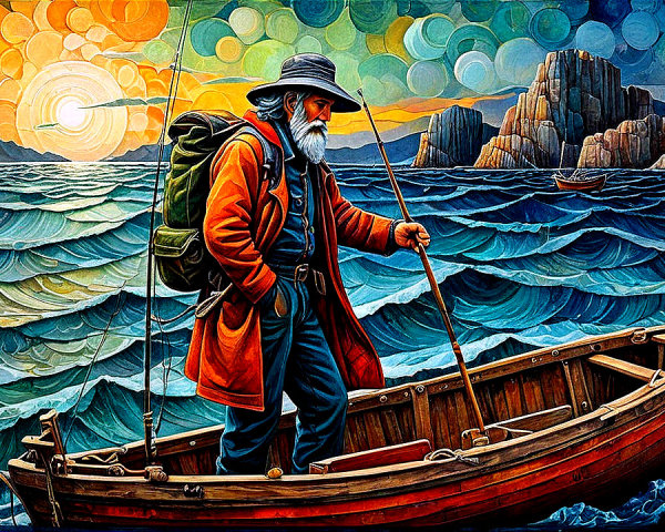 Fisherman in Colorful Boat Amid Turbulent Waves