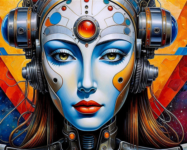 Futuristic robotic woman with blue skin and metallic features