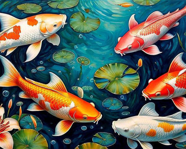 Vibrant Underwater Scene with Koi Fish and Lily Pads