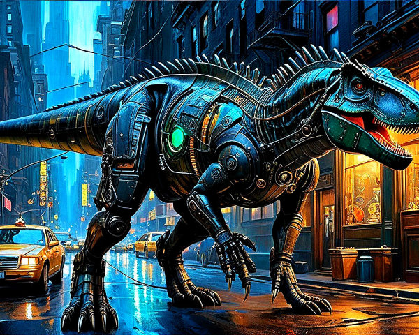 Futuristic Robotic Dinosaur in Urban Cityscape