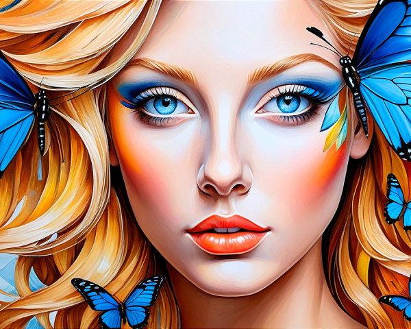 Portrait of a woman with blonde hair and blue butterflies