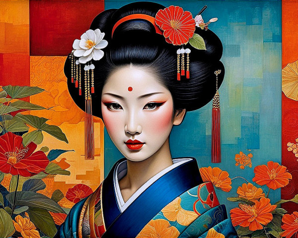 Geisha-like Woman in Dark Blue Kimono with Floral Patterns