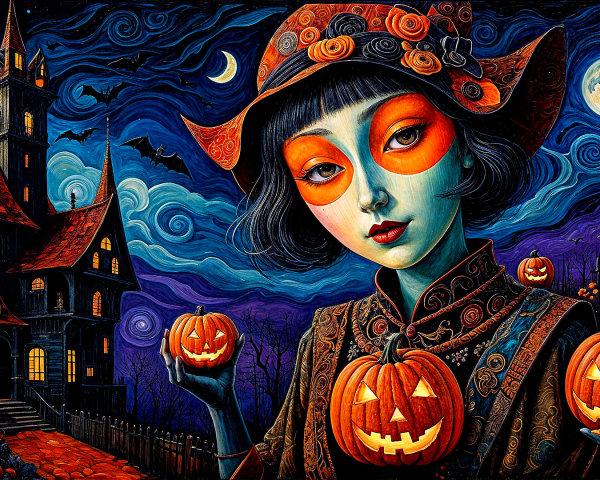 Whimsical Halloween Scene with Orange Makeup and Pumpkins