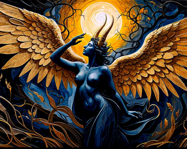 Mystical figure with golden wings and blue skin