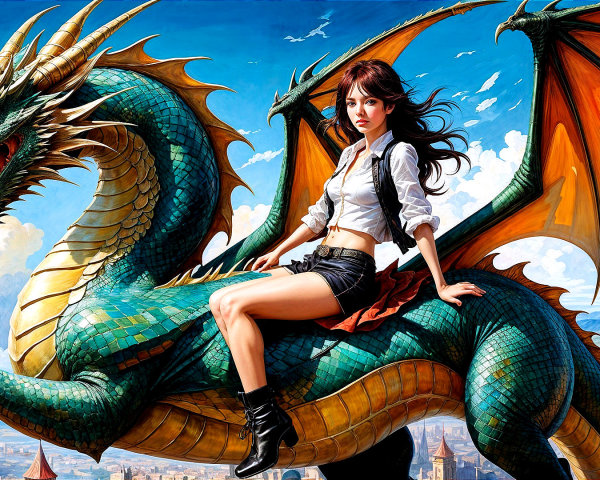 Fierce Woman Rides Majestic Green Dragon in Fantasy Landscape