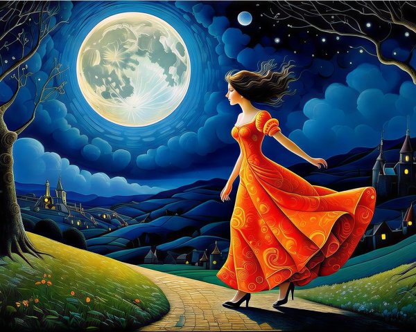 Woman in Orange Dress Walking Under Full Moon