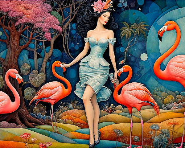 Surreal Landscape with Flamingos and Colorful Forest