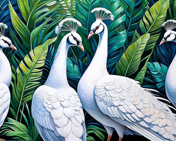 Elegant White Peacocks Amid Tropical Foliage